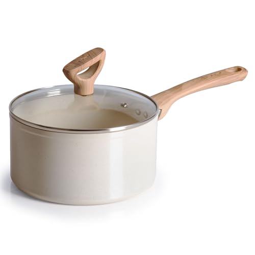 T-fal Revive Ceramic Nonstick Sauce Pan with Lid, 3 Qt Small Cooking Pot, Oven Safe Up To 350°F Saucepan Cookware, Kitchen Pots and Pans, Beige Granite