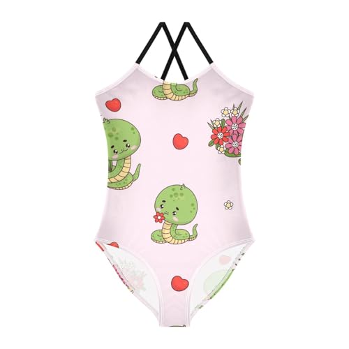 Girls One Piece Swimsuits Cute Snake with Flowers on Pink Sport Halter Swimwear Beach Bathing Suit,7-8T
