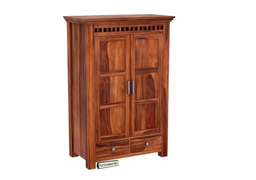 Image of Sheesham Wood Wardrobe with 2 Drawer and 2 Shelves Storage for Bedroom Wooden Almirah for Clothes for Living Room Bedroom Home, Solid Wood Furniture (Honey Brown)
