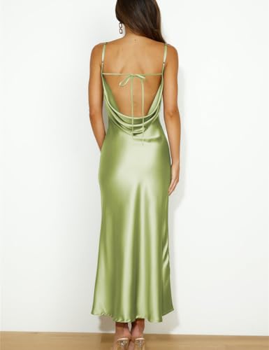 Image of Summer Satin Spaghetti Strap Cowl Neck Backless Midi Dresses for Women Elegant Tie Low Back Ruched Cocktail Dress