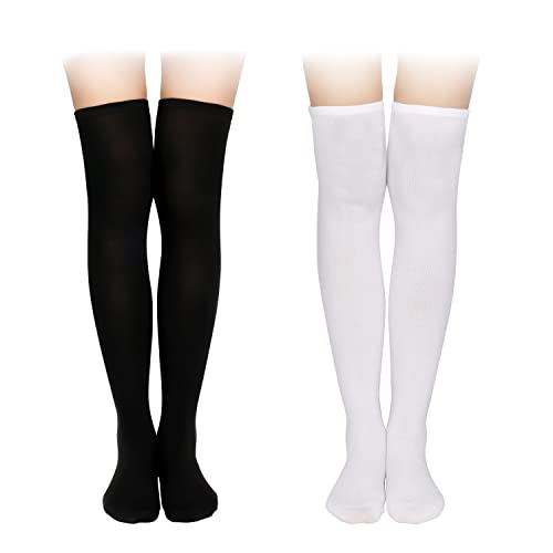 2 Pairs Thigh High Socks, Soft Cotton Soft Knee High Socks Long Stockings Women s Leg Warmers Daily Wear for Wednesday Cosplay (Black, White)