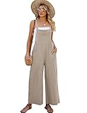 COZYPOIN Women's Cotton Bib Overalls Wide Leg Loose Fit Jumpsuit Baggy Fashion Sleeveless Rompers(Khaki-S)