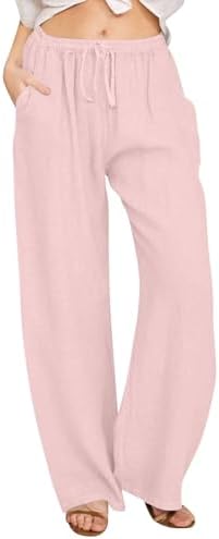 Nantdog Linen Pants Women 2025 Summer Beach Lounge Palazzo Trousers Loose Elastic Plus Size Drawstring with Pockets Pants
