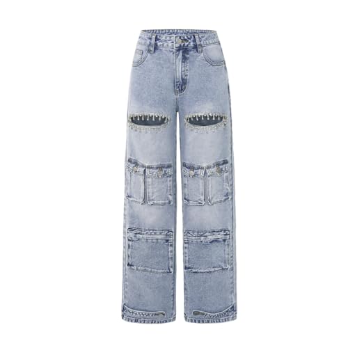Rhinestone Cargo Jeans for Women, High Waisted Ripped Stretchy Denim Pants