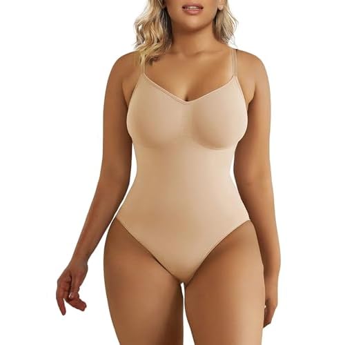 SHAPERX Women's Seamless Shapewear Bodysuit Tummy Control Body Shaper Waist Defining Body Suit XX-Small-X-Small Beige Thong