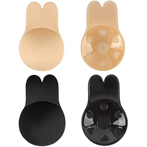 M MUNCASO 2 Pack Women Adhesive Bras,Rabbit Ears Invisible Nipple Covers Backless Sticky Bra Breast Lift Up Gel Lifting Breast Bra (DD/E, Nude & Black) Cover