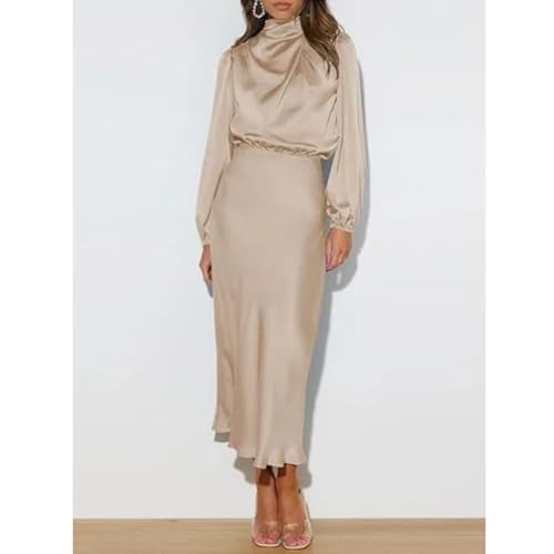 Women's Luxury Long Sleeve Satin Elegant Dress Elastic Waist Cocktail Wedding Midi Formal Dress2