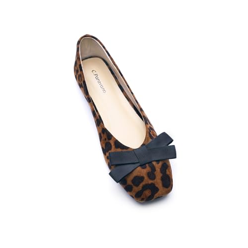 C.Paravano Women's Flats | Square Toe Flats | Bowknot Dressy Women Shoes (Size 10,Leopard)