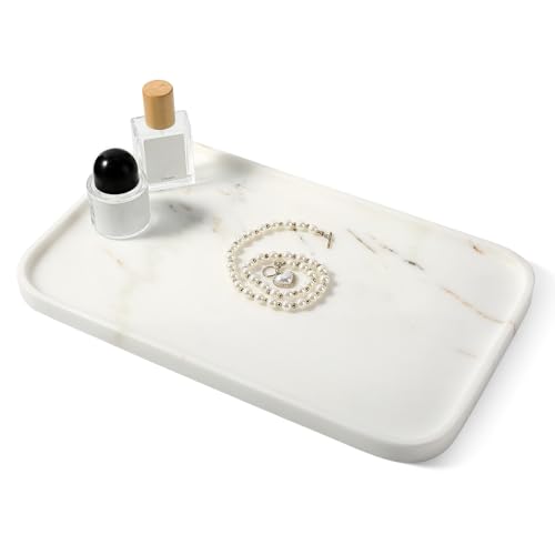 Karibiber Calacatta Vanity Tray, 14 in Marble Stone Bathroom Tray for Countertop, Golden Marble Decorative Perfume Tray for Dresser, Large Nightstand Tray, Storage Tray for Coffee Table