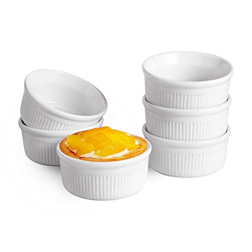 ComSaf 9CM White Porcelain Ramekins Set of 6, 175ML Baking Cups for Souffle, Creme Brulee, Custards, Pudding and Ice Cream - Durable 6oz