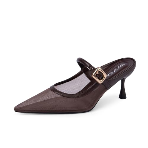 VIUGJNEX Closed Toe Kitten Heel Mules for Women | Pointed Toe, 2.75-Inch Low Heel, Open Back, Slip On, Adjustable Buckle Strap, Comfortable Dressy Shoes for Business Casual