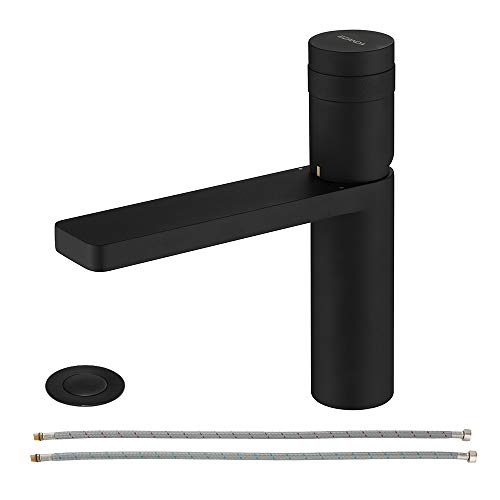 EZANDA Brass Single Handle Bathroom Faucet with Deck Plate, Pop-up Sink Drain Assembly & Faucet Supply Lines, Matte Black, 1416404