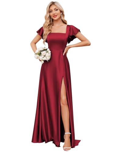 Satin Bridesmaid Dress with Slit Square Neck Prom Dresses Flutter Sleeve A Line Formal Evening Gowns for Women