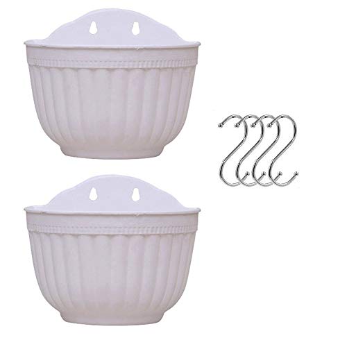Set mit 2 Stück Hängepflanzgefäßen für den Außenbereich, Kunststoff-Blumentopf, Pflanzenhalter, Aufhänger für Balkon, Zaun, Wandmontage, Pflanzgefäße, Zaun, Pflanzgefäße mit Drainage und 4 Haken