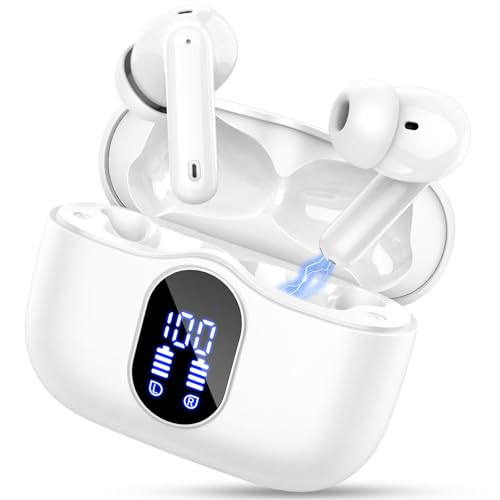 Wireless Earbuds, Bluetooth 5.4 Headphones In Ear with 4 ENC Mic, New Wireless Earphones Noise Cancelling Deep Bass, LED Display, Bluetooth Earbuds 36H Playtime, IP7 Waterproof Ear buds, USB-C, White