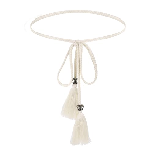 GEEHUA Geflochtener Geknoteter Taillengürtel für Damen, Stoffgürtel Bindegürtel, Boho Taillengürtel mit Seilkette und dünnem Quasten-Kleidergürtel für Damen Mädchen Kleider Röcke(Cremeweiß B)