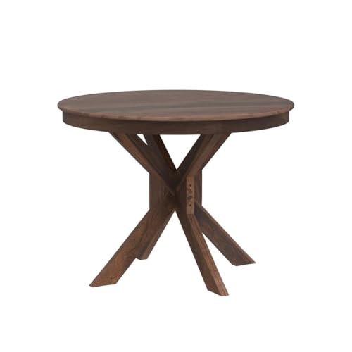 Image of Solid Sheesham Round Wooden Dining & Banquet Table Circular Pedestal Cross Base Stylish Natural Finish Compact Apartment Kitchen Cafe Restaurant Farmhouse Home Studio Office Living Room