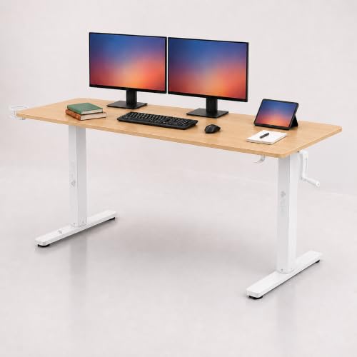 Image of ARTIKEL Manova Height Adjustable Table for Office Work | Manual Adjustable Desk with Hand Crank | Ergonomic Table for Home | 80Kg Wt Lift | Cup Holder, 2 Headphone Hook (140 * 60 - Light Oak)