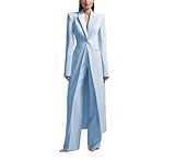 Fashion Women's One Button Long Suit Jacket 2 Piece Suit Set Slim Fit Womens Pants Suits with Long Jacket/Light Blue/14
