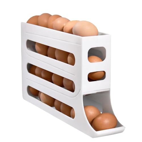 Image of (1Pcs) Refrigerator Egg Holder: Egg holder with Automatic Rolling,4 Tiers,Egg Storage,Space Saving Refrigerator Food Storage Container for Kitchen Cabinet Rectangular White