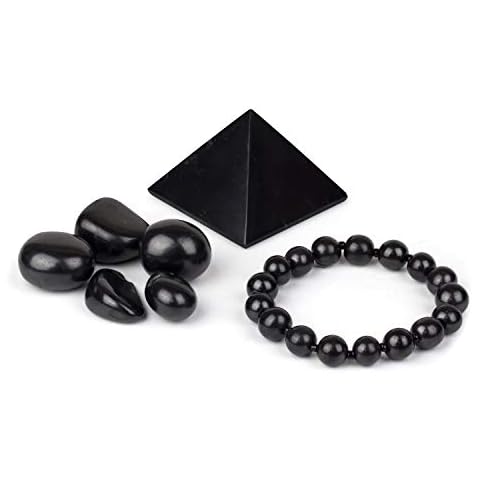 Heka Naturals Polished Shungite Pyramid (2 Inch), Stretchy Bracelet & Tumbled Stones | Home Decor, Water Purification, Detoxification - Chakra Stones Healing Crystals Spiritual Jewelry Cover