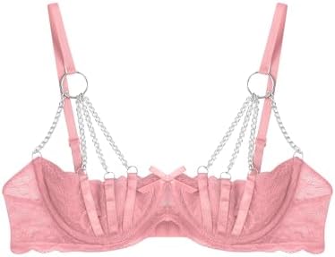 Lejafay Womens Sheer Lace O-Ring Chain 1/4 Cups Bare Exposed