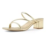 Shoe'N Tale Strappy Heels for Women Low Chunky Block Heel Heeled Sandals Square Open Toe Slip On Slides Mules(7,Gold)