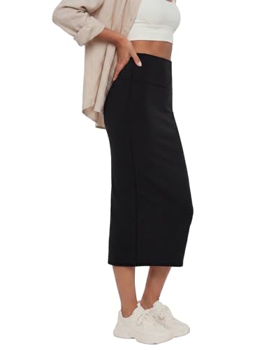 Image of Rooscier Women's High Waisted Pencil Midi Skirt | Stretchy Bodycon Knee Length Skirts with Back Slit