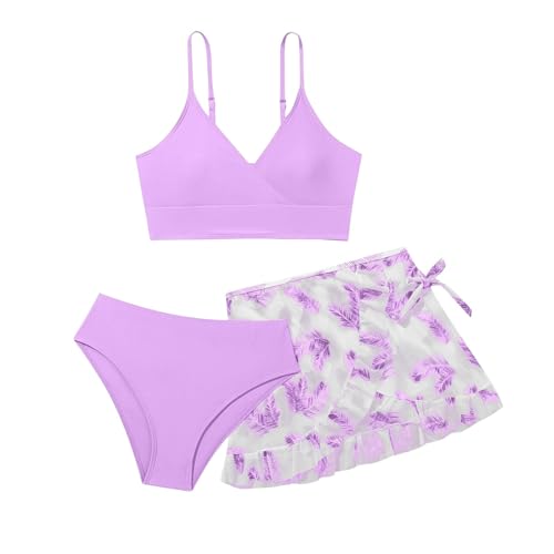 Generisch Sport Bikini Mädchen, Bikini Kinder Mädchen, 3er Set Einfarbige Badeanzug mit Top, Triangel Bikinihose Blatt Drucken Rock Sommer Hawaii Strand Bademode Badebekleidung