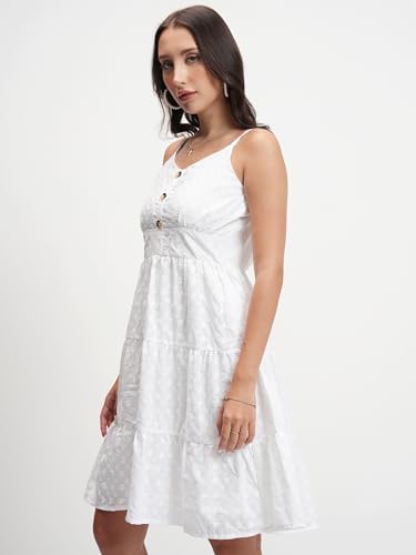 Image of Tokyo Talkies Womens Classic White Solid Flared Short Dress | Shoulder Straps & Front Button Detailing | Dress for Women | Women Dress | Stylish Women Dress