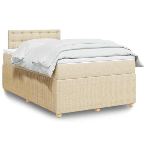 Mandloder Cama con somier con colchón, tela crema, 120 x 200 cm, núcleo de muelles ensacados, iluminación LED, cómodo cubrecolchón, patas de pino, sueño reparador