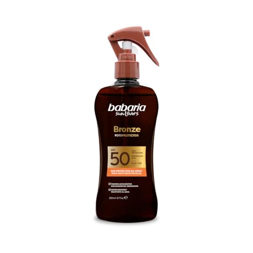 Babaria - Bronceador Cuerpo con Protector Solar 50 en Spray | Acelerador Bronceado | Apta Para Pieles Sensibles | Coral Friendly y Biodegradable | Resistente al Agua | Vegano | 200 ml