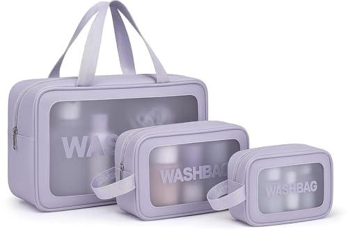 Image of RIXTEV PVC Makeup Bag Travel Toiletries Organizer Cosmetic Bags Wash Bag Pouch for Travel Kit Toiletry Bag Portable Organizer Case Carry Pouch for Women Bathroom Set of 3 (Purple)