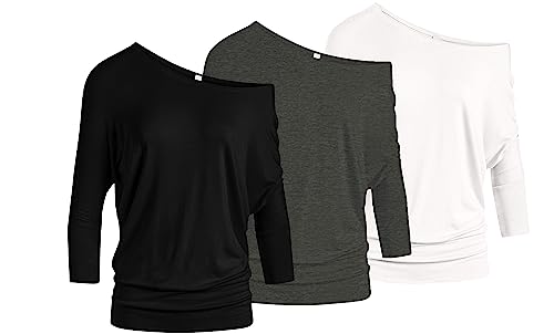 3 Pack Dolman Tops for Women Off The Shoulder Tops Banded Waistband Shirts 3/4 Sleeves Regular and Plus Size Tops Value Pack