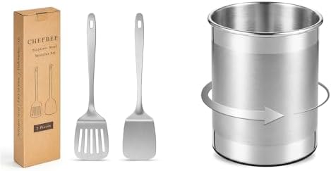 ChefBee 2PCS Metal Spatula Set and 360 Rotating Stainless Steel Utensil Holder