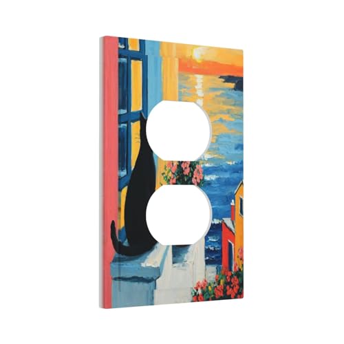 Decorative Outlet Covers Vintage Oil Painting Style Black Cat Sea Flowers 1 Gang Duplex Light Switch Cover Plate Wall Plates for Electrical Outlets Switchplate Faceplate for Home Decor