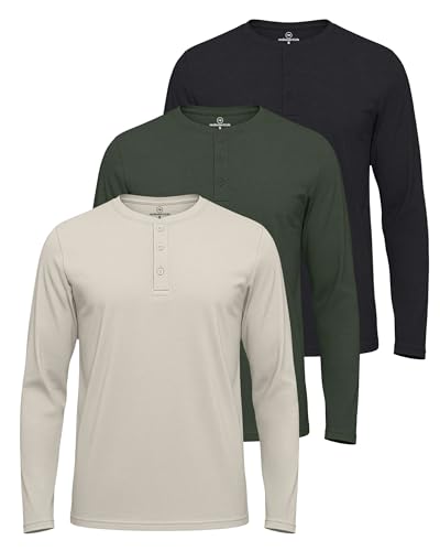 Image of Real Essentials 3 Pack: Mens Casual Long & Short Sleeve Cotton Henley Lightweight Button T-Shirt, Long Sleeve - Set