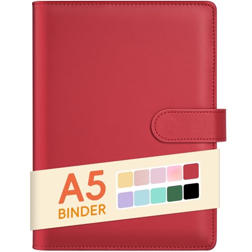 Image of Sooez A5 Notebook Photocard Binder, 6 Ring Planner, Stylish Loose Leaf Personal Organizer Cover with Magnetic Buckle, PU Leather Binder Women with Macaron Colors (Red)