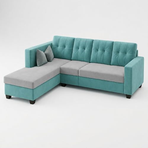 Image of FURNY Nathan 5 Seater L Shape Sofa Set LHS (Sky Blue-Light Grey) | Suede Velvet Finish | Durable Comfort Sofa for Modern Living Room & Office Spaces