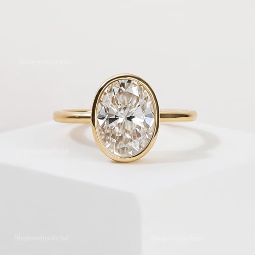 2 CT Oval Shape Moissanite Engagement Ring 14K Yellow Gold Single Stone Bezel Setting Perposal Ring For Women Minimalist Solitaire Anniversary Jewelry Gift For Her2