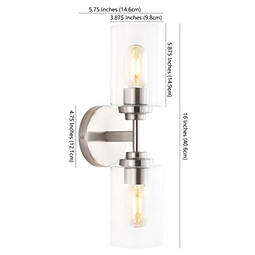 Image of JONATHAN Y 16 inch Nickel /Clear Farmhouse 2-Light Wall Sconce, Industrial Vanity Light for Bathroom Mirror, Entryway, Hallway, Clear Glass Cylinder Shades, LED Bulbs (JYL9548C)