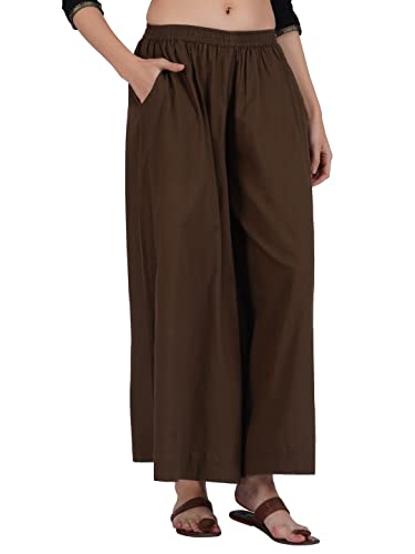 Image of fabcoast Loose Fit Palazzo Pants for Women A-Line Flared Wide Leg Summer Ethnic wear Pure Cotton Cambric with Full Elastic Waistband and 2 Side Pockets