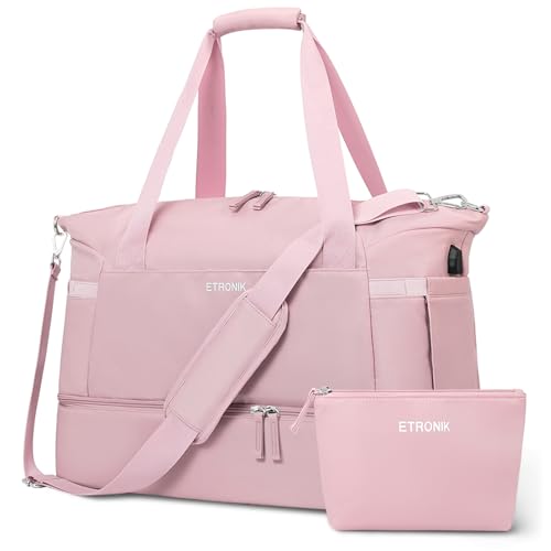 Image of ETRONIK Gym Bag for Women, Personal Item Travel Bag with Shoes Compartment, Weekender Overnight Duffel Bag with Wet Pocket & USB Charging Port, Carry On Bag for Women, Travel, Gym, Weekend (Pink)