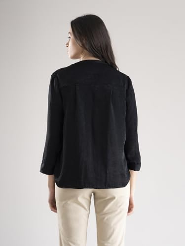 Image of FableStreet Women Shirt Work & Casual | Relaxed Fit Mandarin V-Neck Three-Quarter Sleeves Solid Pattern | Breathable Woven Fabric for Office & Everyday Wear