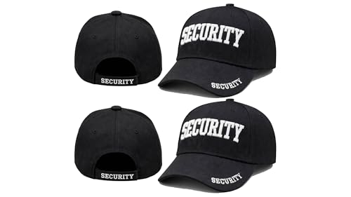 NEOROM Security Hat Baseball Cap - Embroidered Front Bill & Back - Adjustable Size - 65% Wool 35% Acrylic - 6-Panel - Gold or White Security Front - Black/White - 2PK