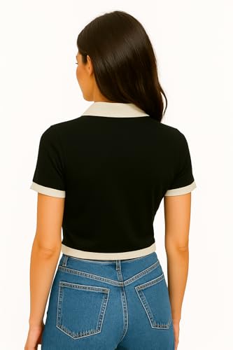 Image of Ribbed Polo Crop Top, Half Sleeve Top for Women, Korean Style Top, Trendy Collar, Stylish Tops for Girls, Fancy Top
