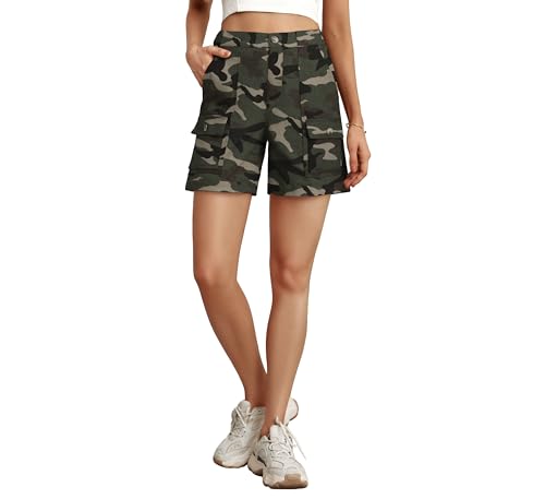 Lepunuo Cargo Shorts for Women Baggy Casual Elastic Waist Shorts Relaxed Fit Stretch Cargo Shorts with 6 Pockets Camouflage Green