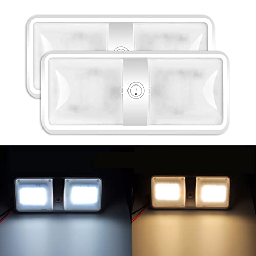 AutoEC 2 Pack Leisure LED RV Ceiling Double Dome Light Fixture - 2 Color Mode RV Interior Lighting with ON/OFF Switch 1000LM for Trailer Camper Boat(Warm White 3000-3500K & Natural White 6000-6500K)