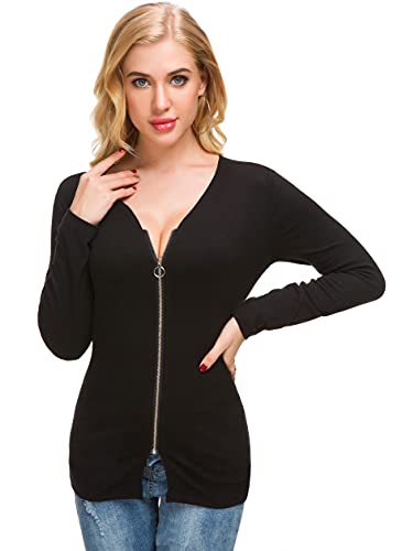 Afibi Women V Neck Zip Front Long Sleeve Casual Top Blouse Shirt (Xx-Large, Black) #TOP2