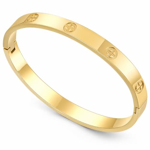 FOLOOTY Friendship Love Bracelet for Women - 18K Gold Plated Titanium Steel Cuff Bangle | Cubic Zirconia Jewelry Gift Simple & Durable Everyday Wear (S/M/L Size) (Gold Cross 6.5)